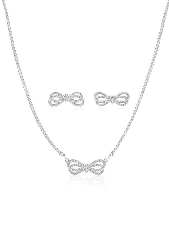 MUDUO Wedding Jewelry Sets for Brides Bridesmaid Rhinestone Crystal Statement Choker Necklace Earrings Bracelet Set Bridal Wedding Prom Jewelry Accessories for Women (Silver-Bow2)